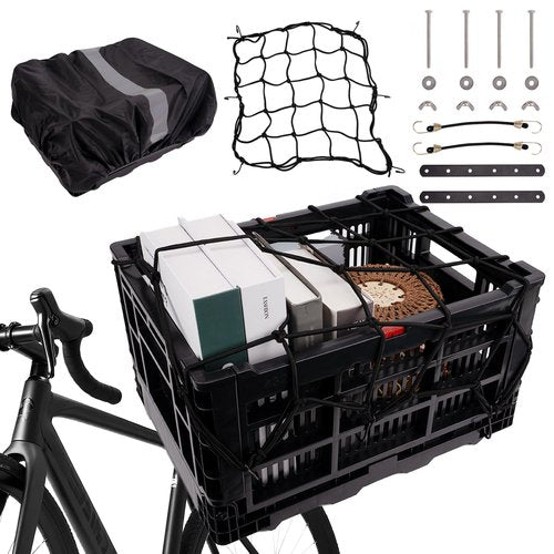 RidingRush Bike Basket Rear – Folding Large Capacity Bicycle Storage Basket with Waterproof Cover, Collapsible Bike Milk Crate for Shopping, Outings, and Pet Transport, Great for E-Bikes, Black