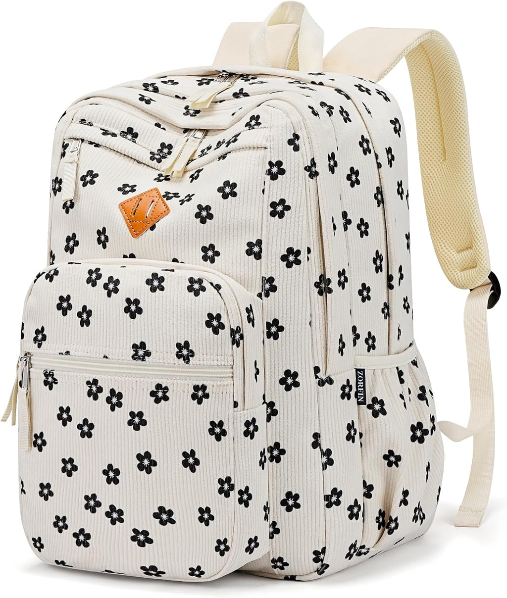 ZORFIN 26L Floral Corduroy Backpack - Stylish Bookbag for College and Travel