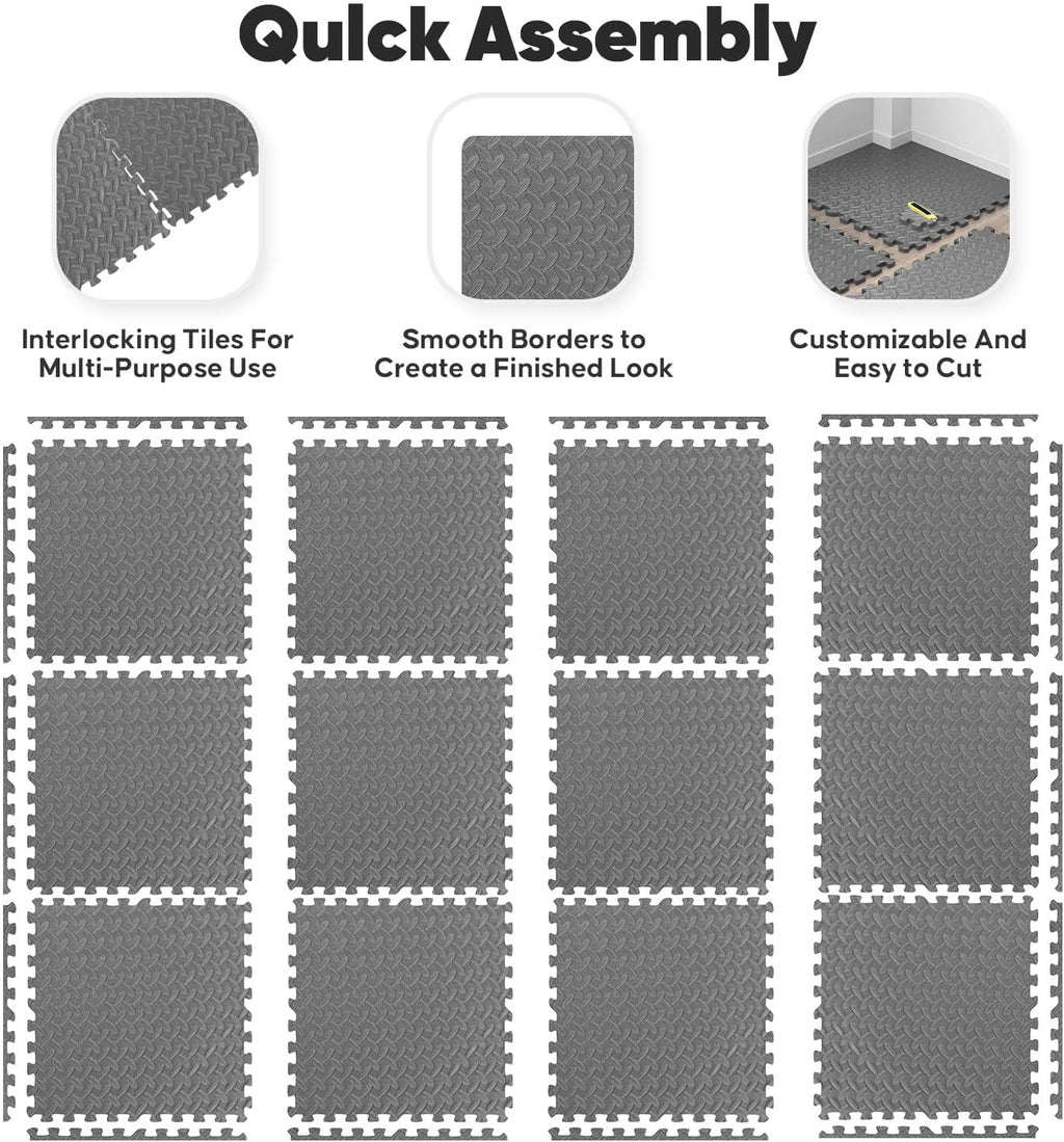 Puzzle Exercise Mat by Home Gym - EVA Interlocking Foam Tiles for Workouts & Play Areas | Grey, 24” x 24” x ½” - 16 Tiles (64 SQ FT)