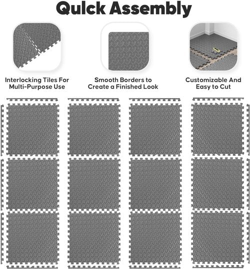 32 Pack Home Gym Mat, Puzzle Exercise Mat, 1of EVA Interlocking Foam Floor Tiles for Home Workout Equipment and Kids' Play Areas - Grey, 24 in x 24 in x ½ in - 32 Tiles (Grey, 32 Pack 128 sq ft)