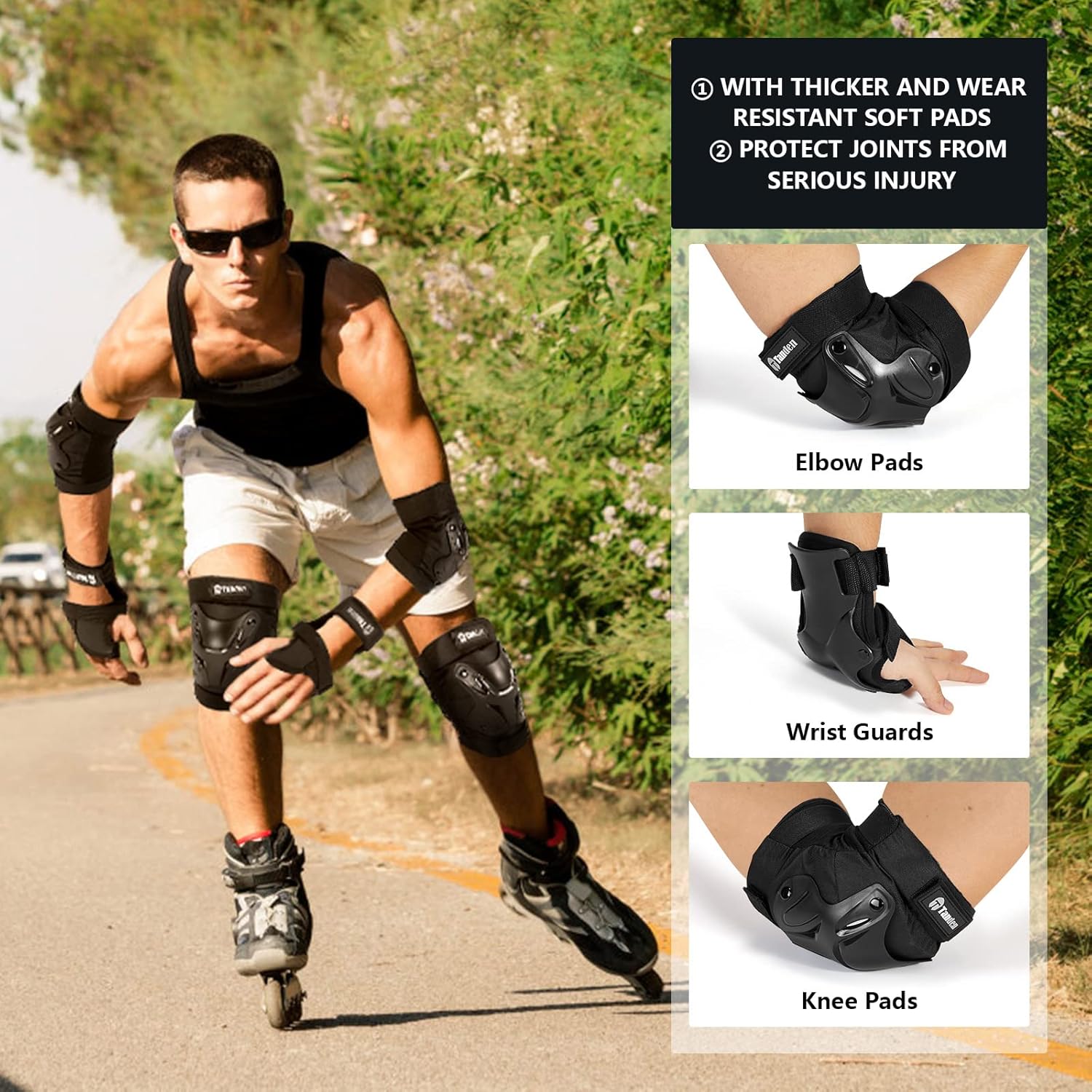 Tanden Protective Gear Set - Knee & Elbow Pads with Wrist Guards for Roller Skating | Adult Size