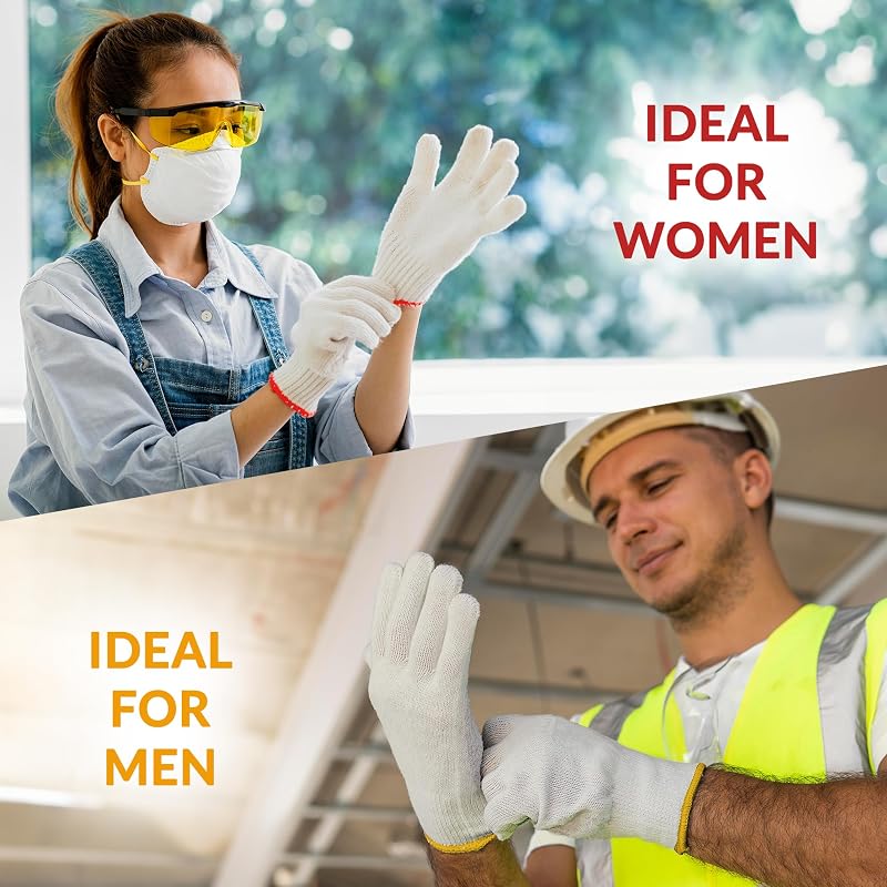 10 Inch Large Beige PolyCotton Work Gloves - Pack of 12, Elastic Wrist, Yellow Edge Line