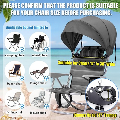 DaisyInner Extra Large Beach Chair Umbrella Canopy - Foldable Sun Shade with Adjustable Clamp | Grey