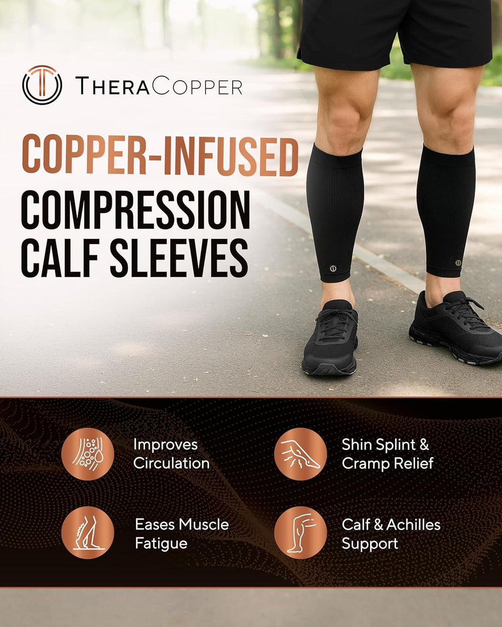 TheraCopper Copper Calf Compression Sleeve - Premium Breathable Shin Sleeve for Men & Women | Non-Slip Design for Muscle Recovery & Leg Fatigue