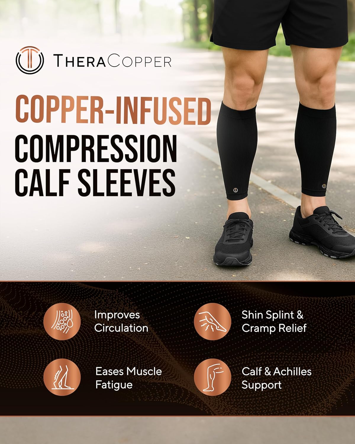TheraCopper Copper Calf Compression Sleeve - Premium Breathable Shin Sleeve for Men & Women | Non-Slip Design for Muscle Recovery & Leg Fatigue