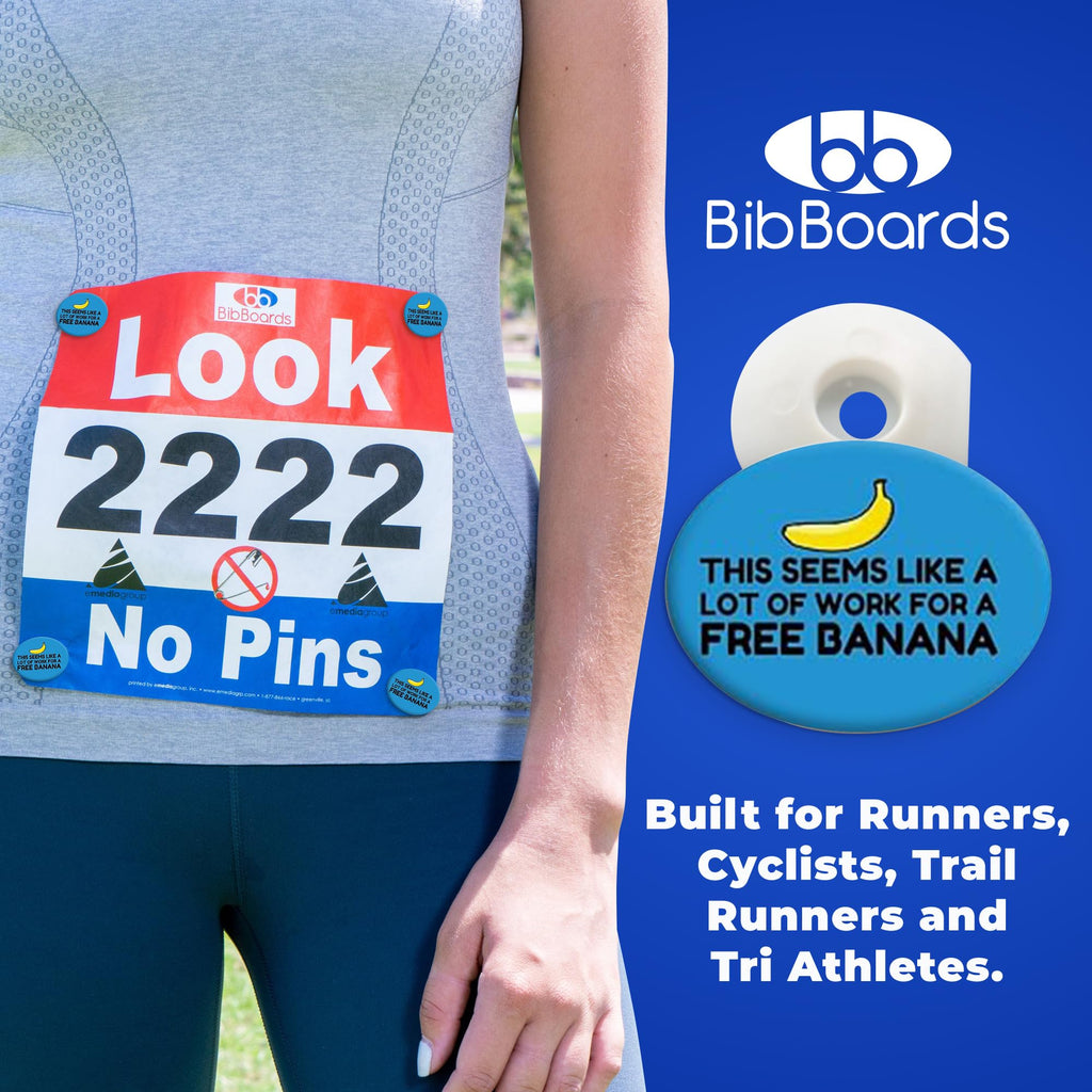 bibSNAPS Race Bib Clips - Safety Fasteners, Secures Running, Marathon, Cycling & Event Number, Non Magnetic, Replacement for Pins & Magnets, This Seems Like a Lot of Work for a Free Banana (4pcs)
