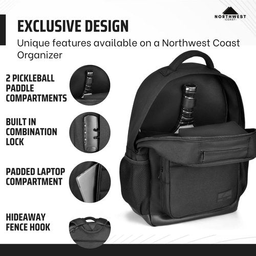 Northwest Coast Pickleball Backpack with Built-In Combination Lock + USAPA Approved Pickleball Paddle – Black