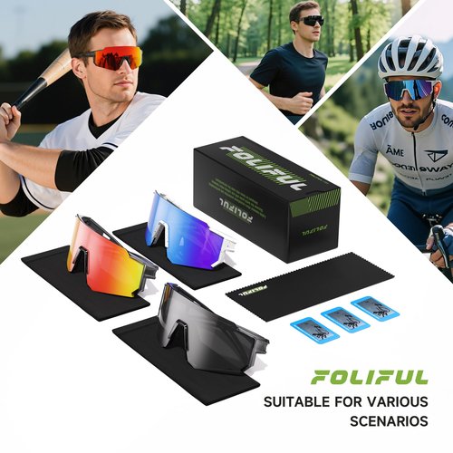 Foliful 3 Pack Polarized Sunglasses for Men Women, Sports Mens Sunglasses with UV400 Protection for Baseball Cycling Running, Gray/Ice Blue/Red