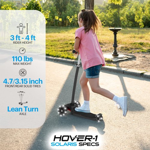 Hover-1 Solaris Kick Scooter with Multicolor Wheel Lights, 4.5” Front Wheels, Rear Foot Brake, and 110 Pound Weight Capacity