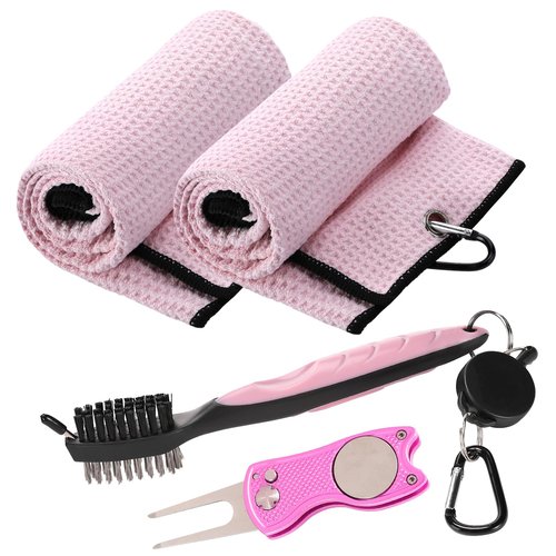 Aulock Golf Towel and Brush Set, Microfiber Towels for Golf Bags, Women Cleaning Kit with Ball Marker Golf Divot Tool Brush, Pink