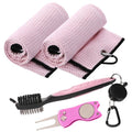 Aulock Golf Towel and Brush Set, Microfiber Towels for Golf Bags, Women Cleaning Kit with Ball Marker Golf Divot Tool Brush, Pink