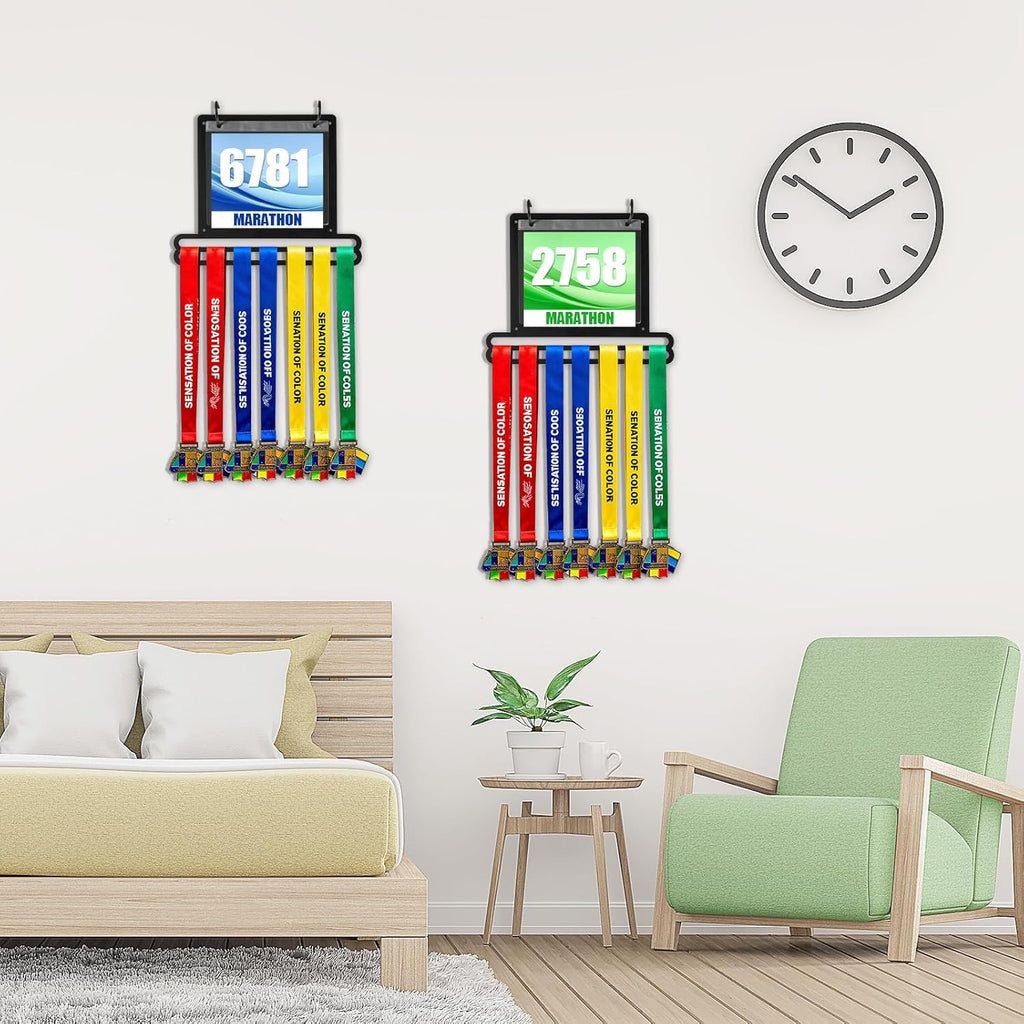 Race Bib and Medal Display Hanger, Running Bib Holder, Wall Mounted Hanging Rack Stands, Medal Holder Display Rack- 2 Rows Medals Hanger, Displays up to 40 Medals, 20 Race Bibs