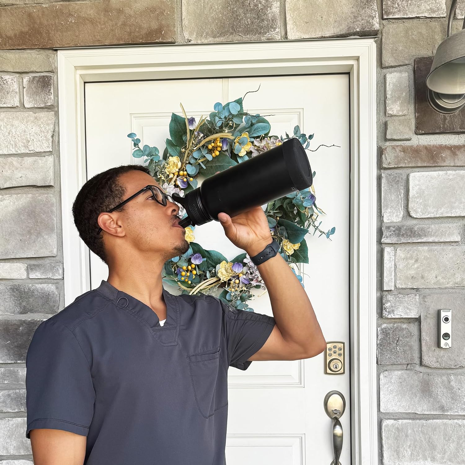 OLDLEY 40 oz Insulated Water Bottle - Stainless Steel Sports Flask with 3 Lids | Black Travel Mug