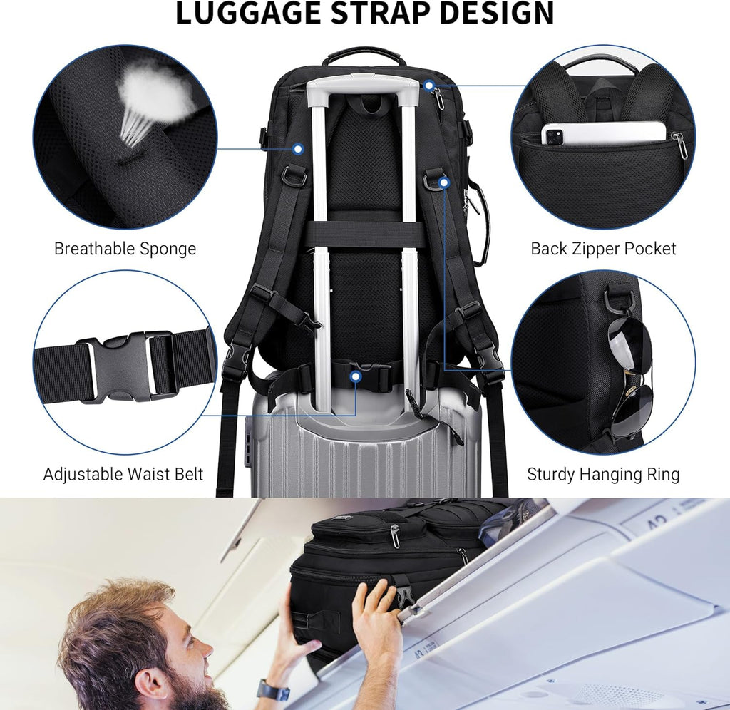 WITZMAN 45L Convertible Travel Backpack for Men - Airline Approved | Fits 17-Inch Laptop - Black