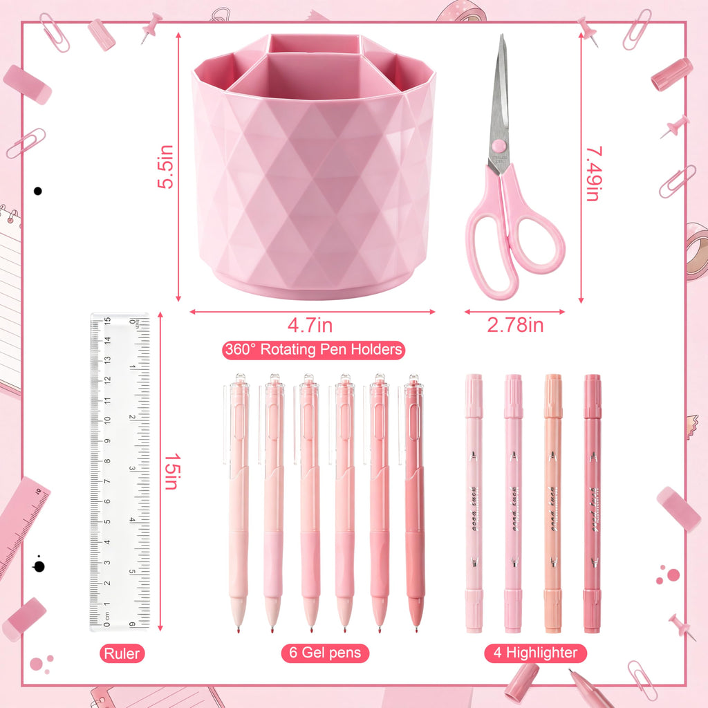 Eersida 20 Pcs Pink Desk Accessories and Organizer with 360° Rotating Pen Holder, Stapler, Staple Remover, Tape Dispenser, Binder Paper Clips Kit, Scissor, Highlighters, Pens, Office School Supplies