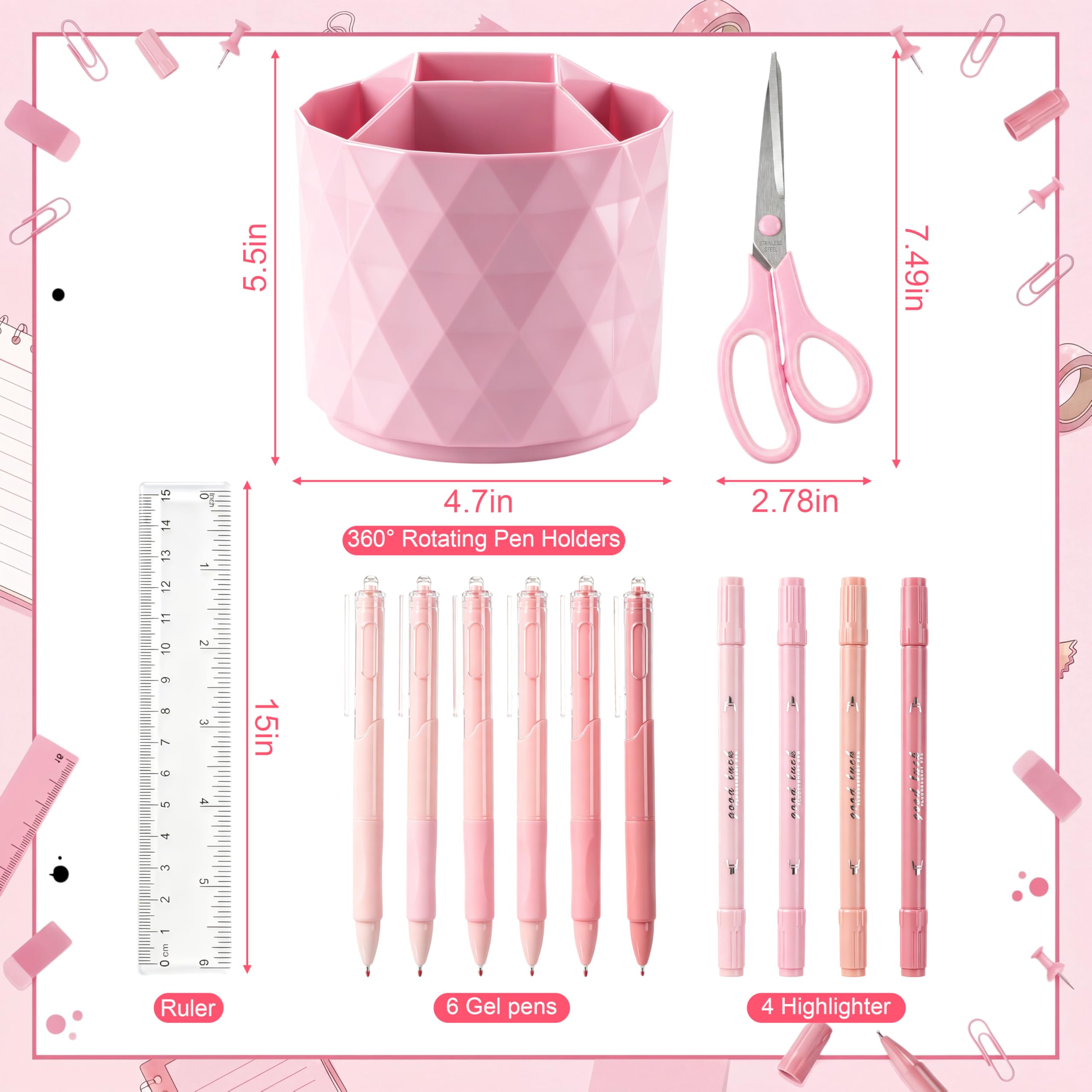 Eersida 20 Pcs Pink Desk Accessories and Organizer with 360° Rotating Pen Holder, Stapler, Staple Remover, Tape Dispenser, Binder Paper Clips Kit, Scissor, Highlighters, Pens, Office School Supplies