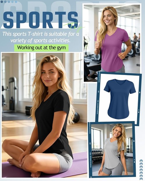 Locoowai Women's Workout Shirts - V Neck Quick Dry Tops with UPF 50+ Protection | 5 Pack, Short Sleeve