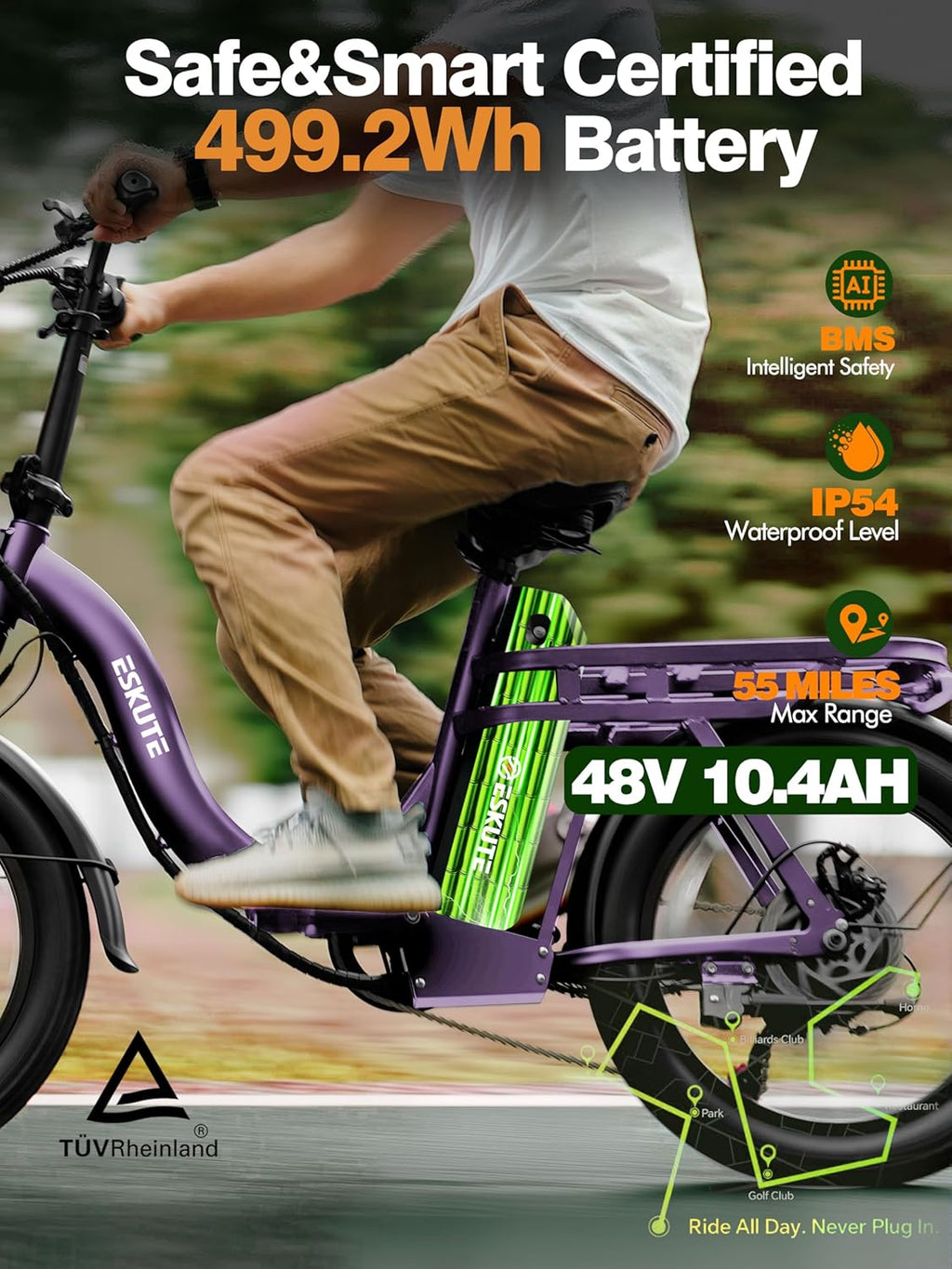 Skiennix 1200W Folding Electric Bike - 28MPH, 55-Mile Range, 10.4Ah Removable Battery, 20"x3" Fat Tires