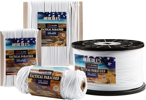 HERCULES 750lb Paracord | 4mm 11-Strand Tactical Parachute Cord - Durable Utility Rope for Camping (White, 50FT)