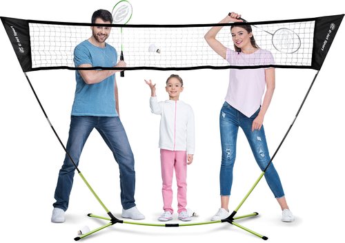 E-Jet Badminton Net Rackets Shuttlecocks Combo Set - Portable & Instant Setup (Backyard Fun, Beach Park Picnic Outdoor Games), Green, 5.1 x 7.8Ft (EOB727402021)