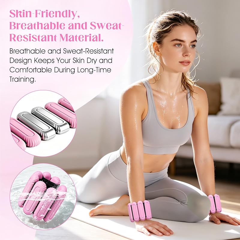 2lb Silicone Wrist & Ankle Weights - Removable Steel Blocks, Adjustable, Pink