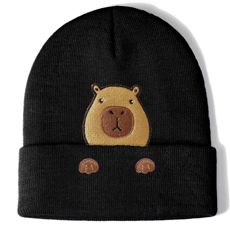 Capybara Embroidered Knit Beanie - Funny Capybara Gift for Women & Men, Variation Black1