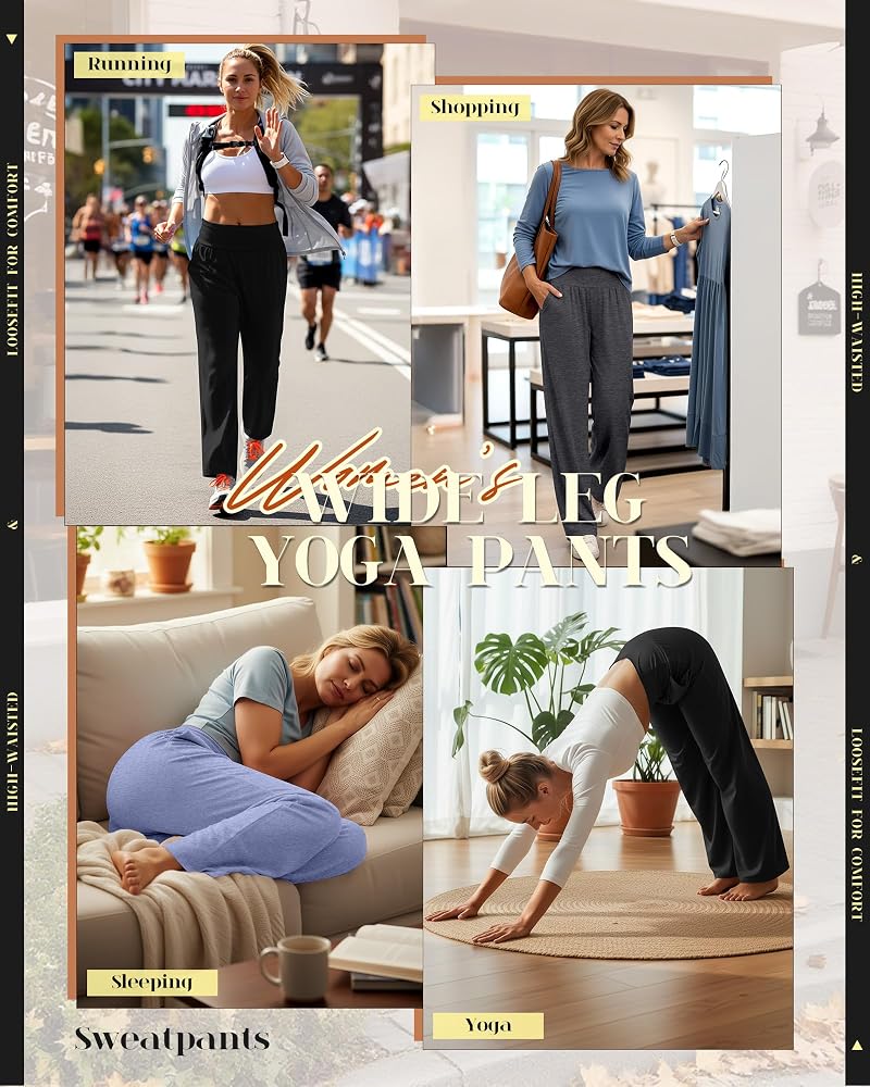 3 Pack Women’s Wide Leg Yoga Pants with Pockets - Black, Gray, Blue (Medium)