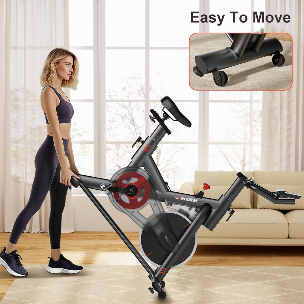 Wenoker Exercise Bike for Home – 350LB Indoor Cycling Bike, Silent Stationary Spin Bike with App Sync, Adjustable Seat, LCD Monitor, Smooth & Quiet for Cardio Workout
