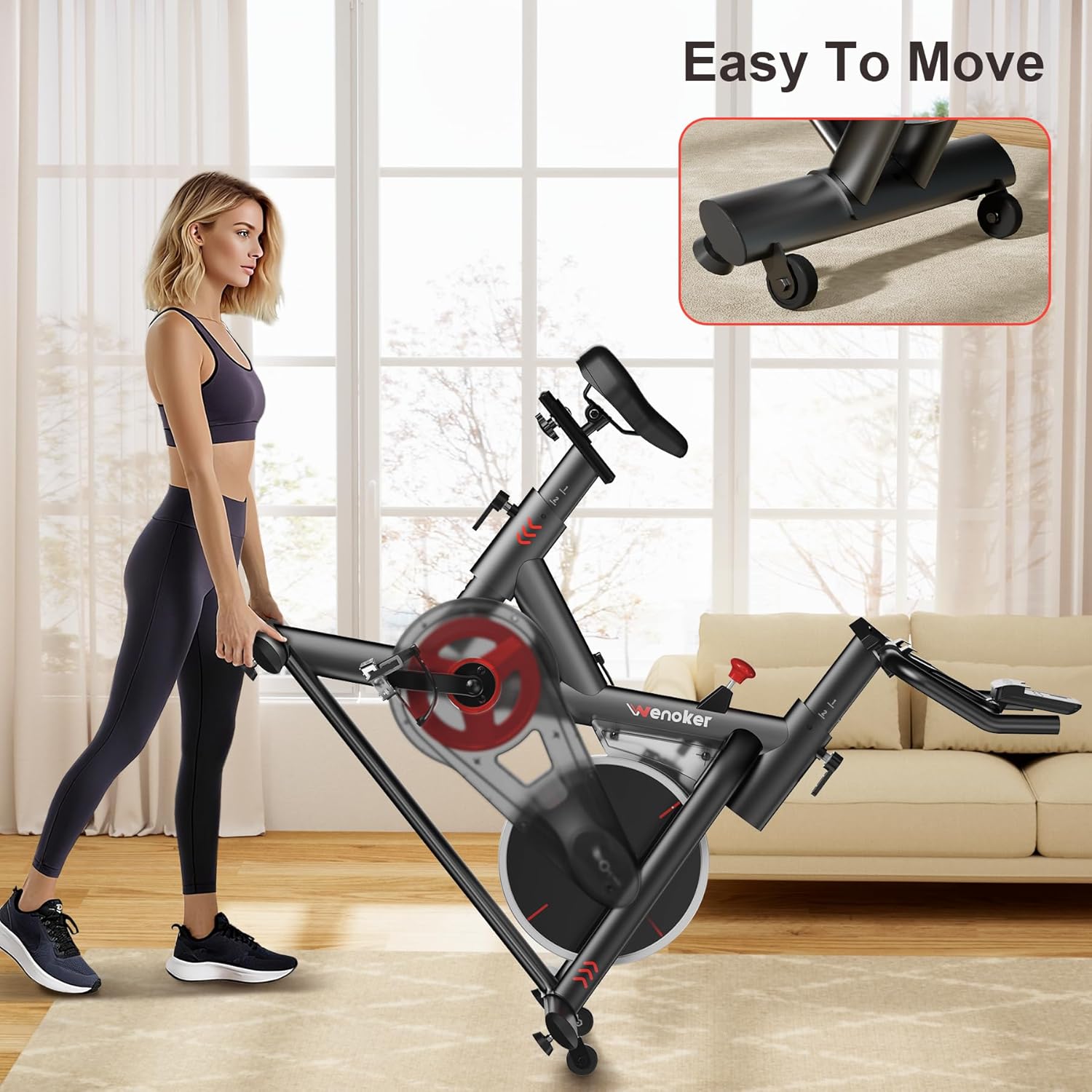 Wenoker Exercise Bike for Home – 350LB Indoor Cycling Bike, Silent Stationary Spin Bike with App Sync, Adjustable Seat, LCD Monitor, Smooth & Quiet for Cardio Workout