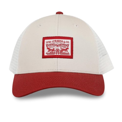 Two Tone Trucker Hat with Logo Patch, Red, One Size