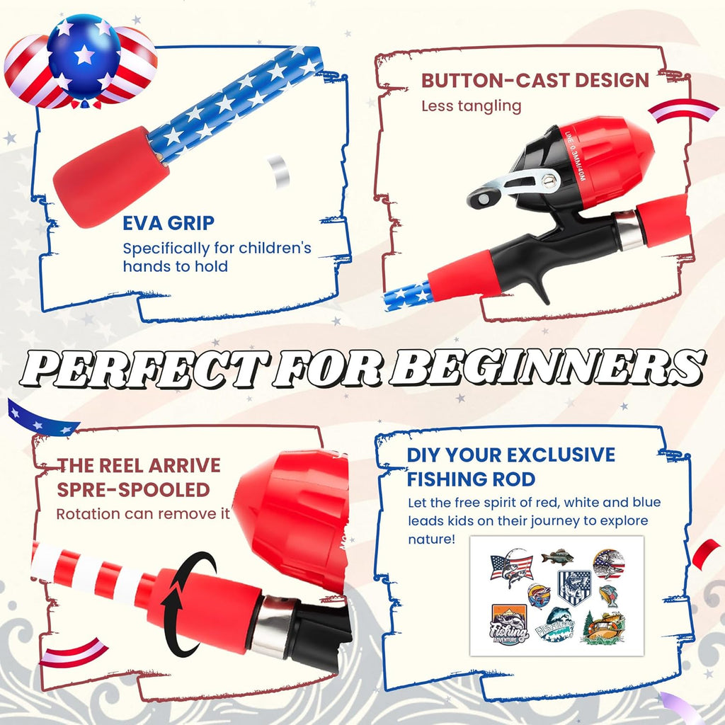 WIDDEN 4th of July Kids Fishing Pole, Portable Telescopic Toddler Fishing Pole for Boys and Girls, American Flag Youth Fishing Rod and Reel Combo with Full Starter Kits