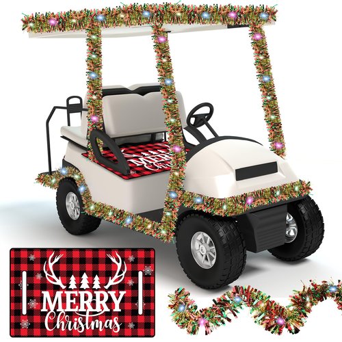 gisgfim Christmas Golf Cart Seat Covers 1 Pcs for 1 Person Seats 33ft Christmas Garland with LED Lights Red and Black Checkered Xmas Decorations Golf Cart Decorations Accessories, 51L x 31W Inches