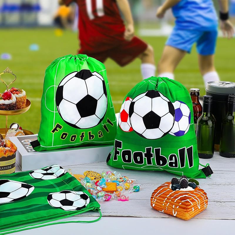 Soccer Themed 12-Pack Drawstring Gift Bags for Kids – Green Mini Soccer Party Favor Bags