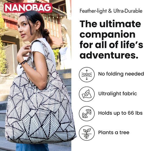 Nanobag Ultralight Foldable Tote - Heavy Duty Reusable Grocery & Travel Bag | XL Black Compact Design