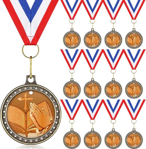 Libima 12 Pcs Religious Award Medals - Cross Medals with Neck Ribbons for Kids' Trophy Gifts