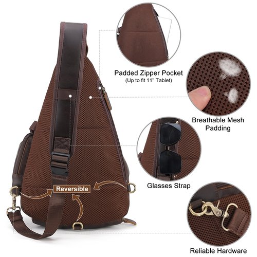 TIDING Full Grain Leather Sling Chest Bag for Men Large Crossbody Shoulder Bag Casual Hiking Daypack Fits 11" Tablet