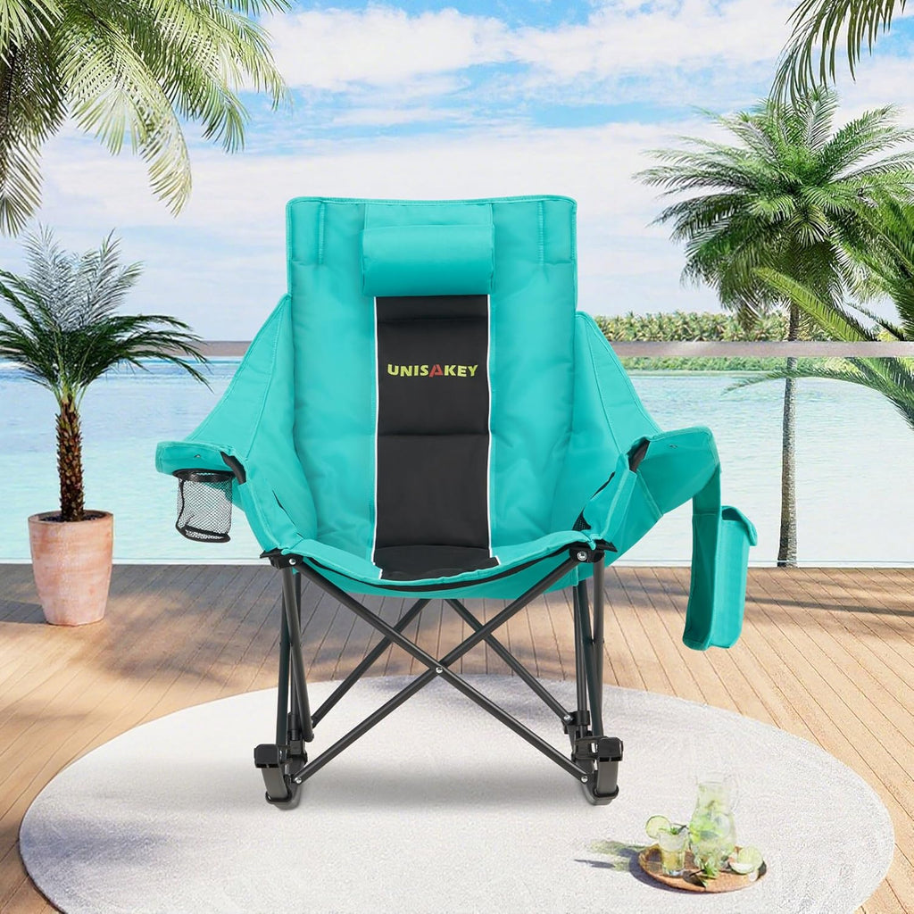 Unisakey Oversized Rocking Camping Chair - 400lbs Capacity, Headrest & Cup Holder, Portable Black/Green