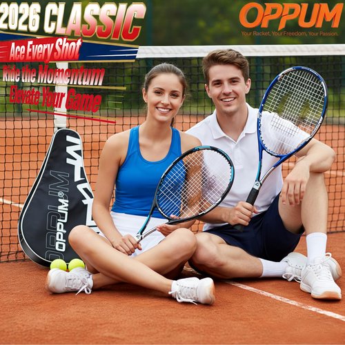 OPPUM PRO-500 Adult Tennis Rackets, 2-Pack Pre-Strung Racquets for Beginners & Intermediate with Carry Bag & 2 Balls, 105 Sq Inch Oversized Head for Women & Men, Arm Friendly Vibration Control