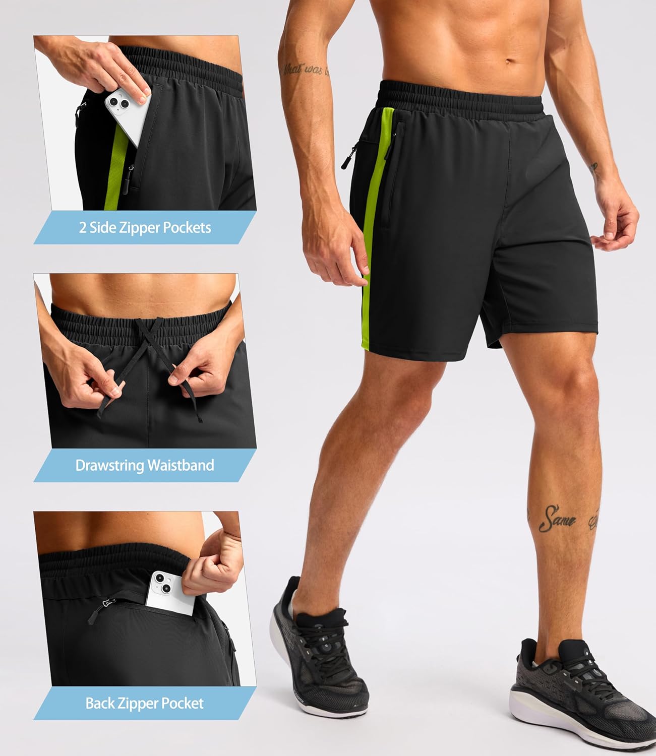 Pudolla Men's Running Shorts - Lightweight Quick-Dry Athletic Shorts with 3 Zipper Pockets | 5"/7" Sizes