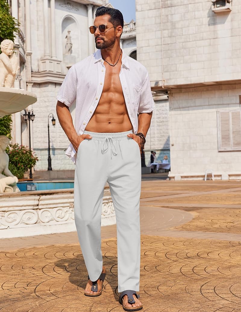 COOFANDY Men's Linen Pants Loose Fit Elastic Waist Drawstring - White, Large