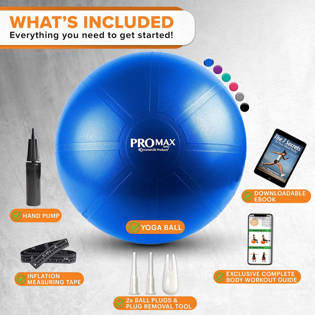 SmarterLife PRO MAX Exercise Ball - Anti-Burst Yoga & Stability Trainer for Core Workouts | Fitness & Therapy Support