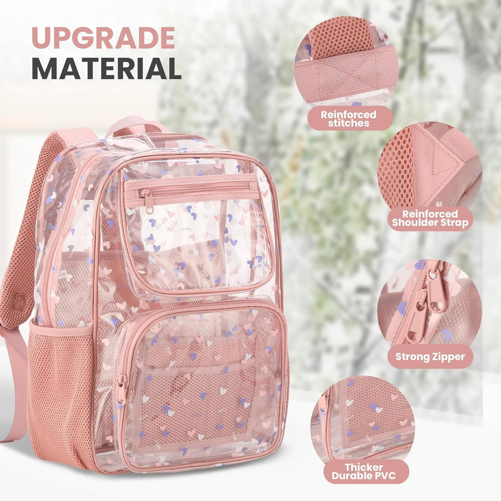 Skiennix Heavy-Duty Clear Backpack - Durable See-Through Bookbag in Pink | Ideal for School