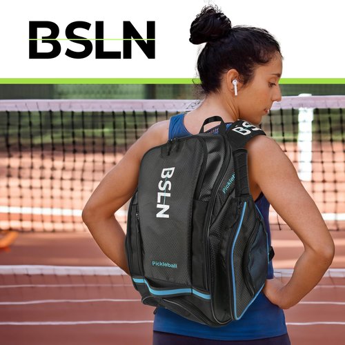 BSLN Pickleball Bag - Large Pickle Ball Sports Backpack with Padded Paddle Pockets & Large Bottom Sack for Shoes - Hanging Fence Hook, Storage Compartments for Laptop, Insulated Water Bottle (blue)