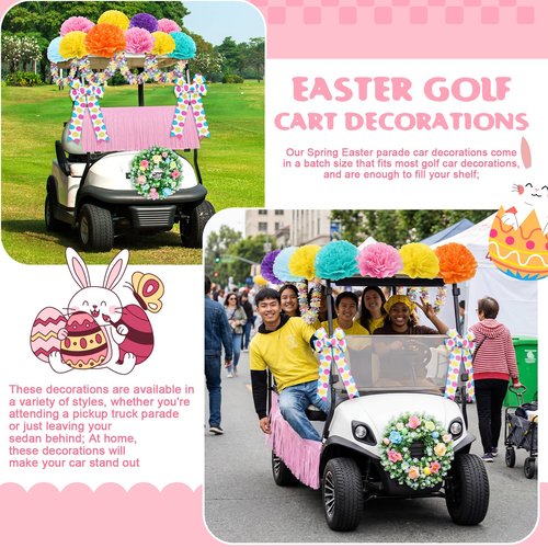 Suncalla 16 Pcs Easter Golf Cart Decorations Spring Party Decorations Festival Bowties Pastel Wreath Tinsel Garland Fringe Tissue Paper Flowers for Golf Cart Party Supplies Decor(Easter)