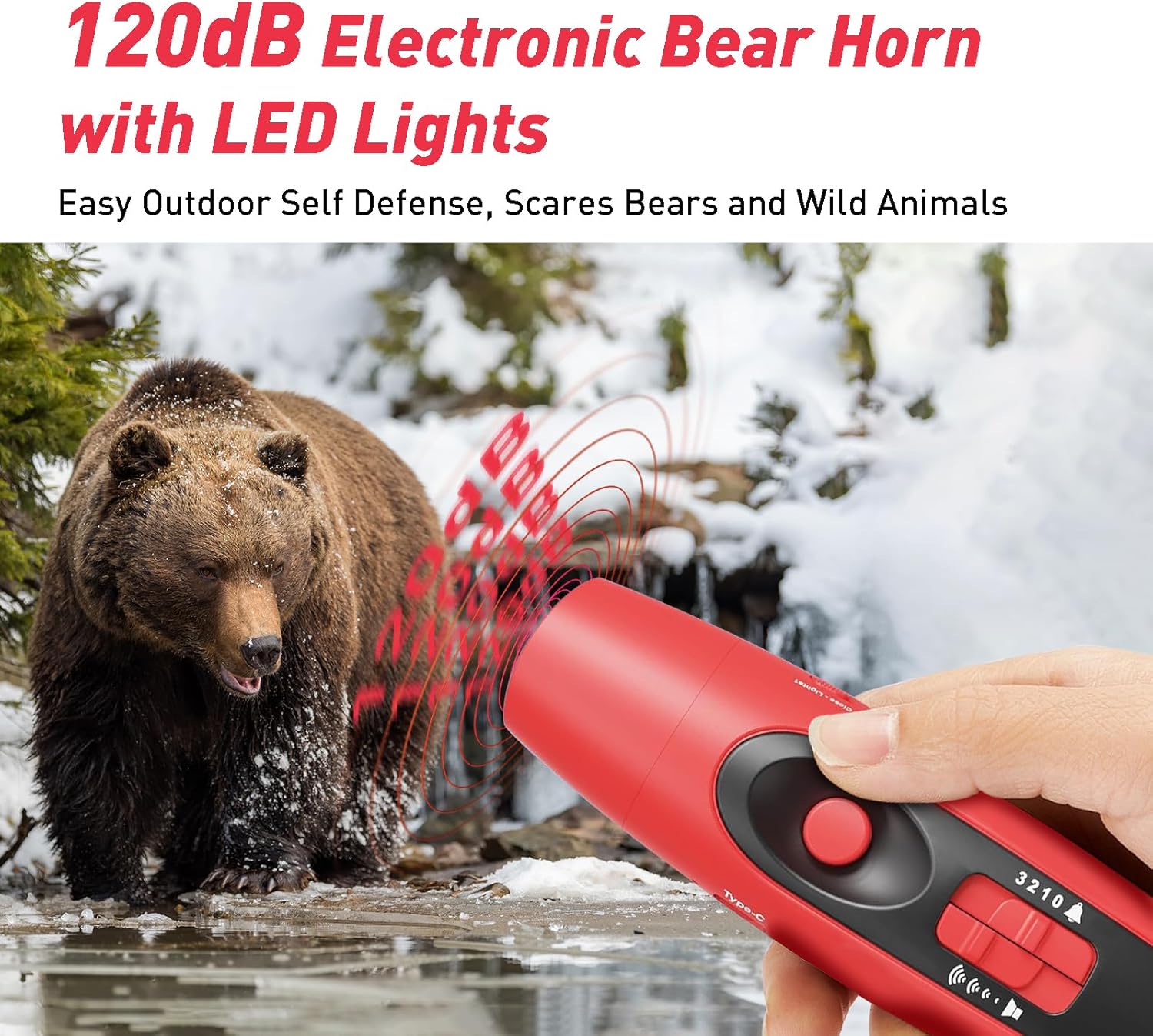 StarWorld Rechargeable Bear Horn - 120dB Electronic Air Horn with 4 Volume Levels & LED Light | Wildlife Defense (Red)