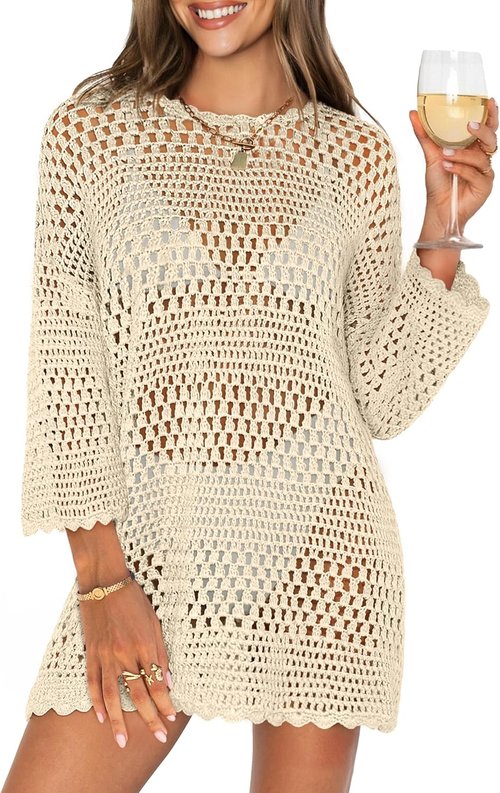 ANRABESS Women's Crochet Knit Swimsuit Cover-Up - 3/4 Sleeve Mini Dress for Summer Beach Vacations