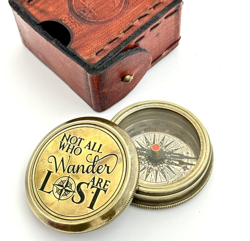 Not All WHO Wander are Lost Engraved Compass - Brass Gift Compass - Gift for Men - 2024 Graduation Day Gift - Birthday, Vintage Brass Pocket Compass with Leather Box