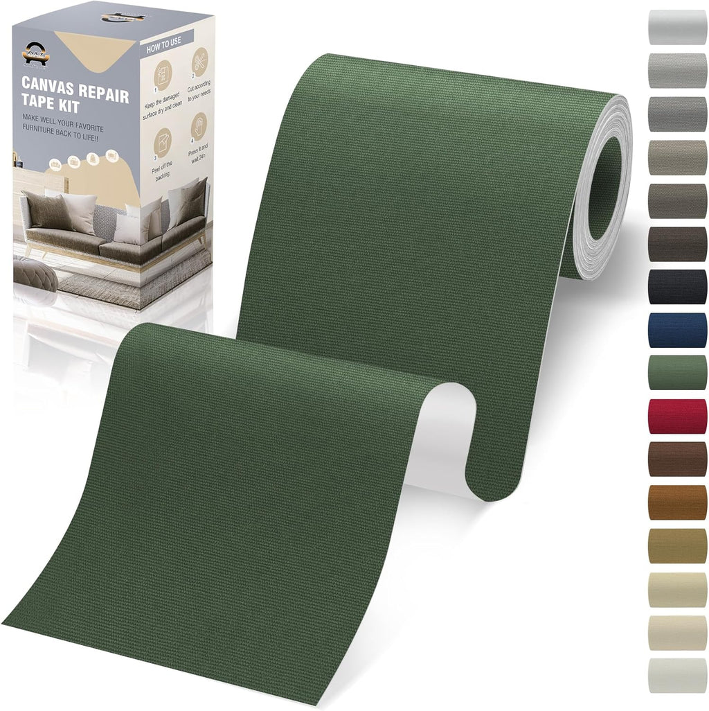 OAZ Canvas Repair Tape - Self-Adhesive Army Green Fabric Patches | 4x79 Inch Waterproof Repair Patch for Furniture, Boats, and Tents