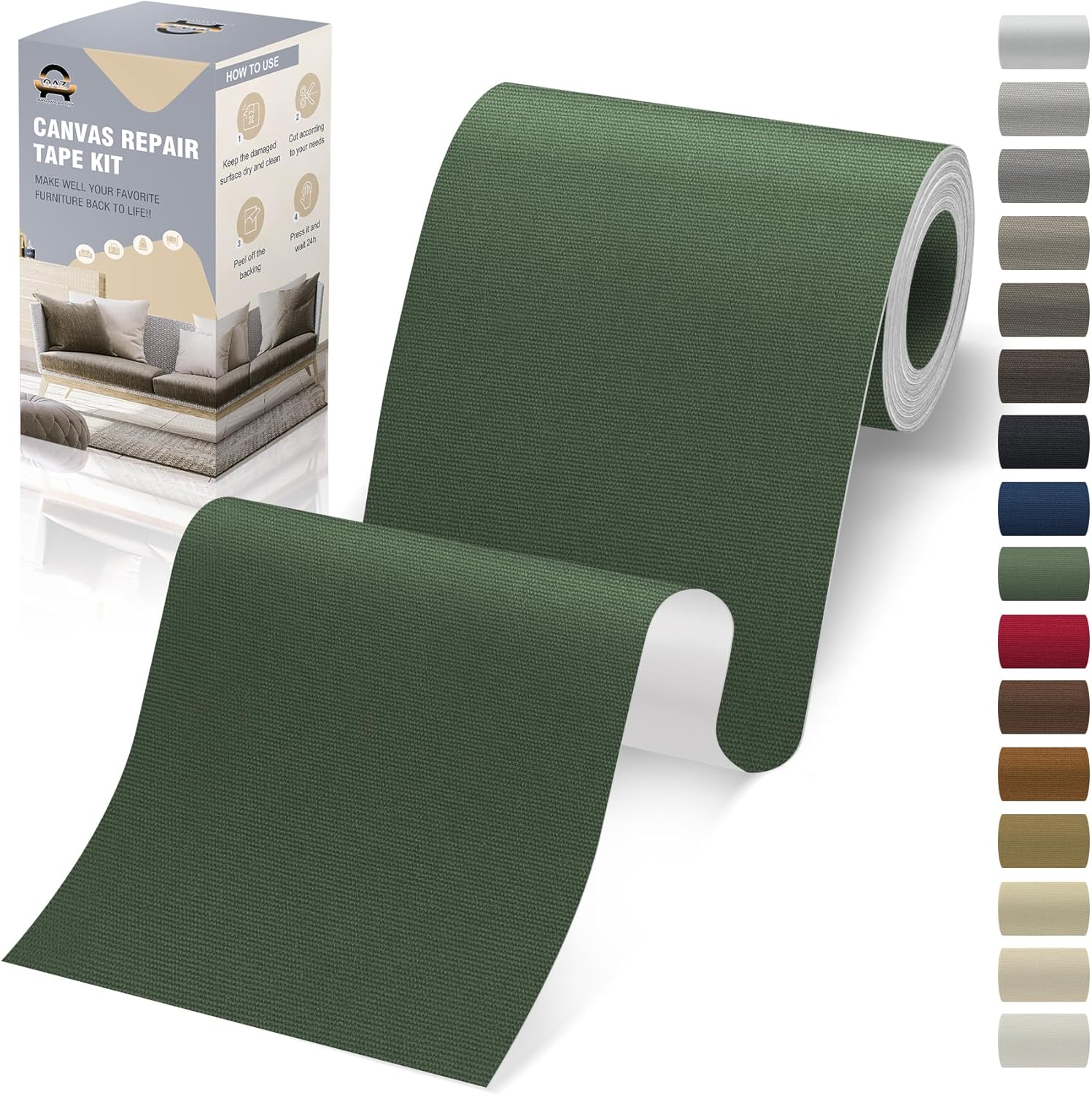 OAZ Canvas Repair Tape - Self-Adhesive Army Green Fabric Patches | 4x79 Inch Waterproof Repair Patch for Furniture, Boats, and Tents