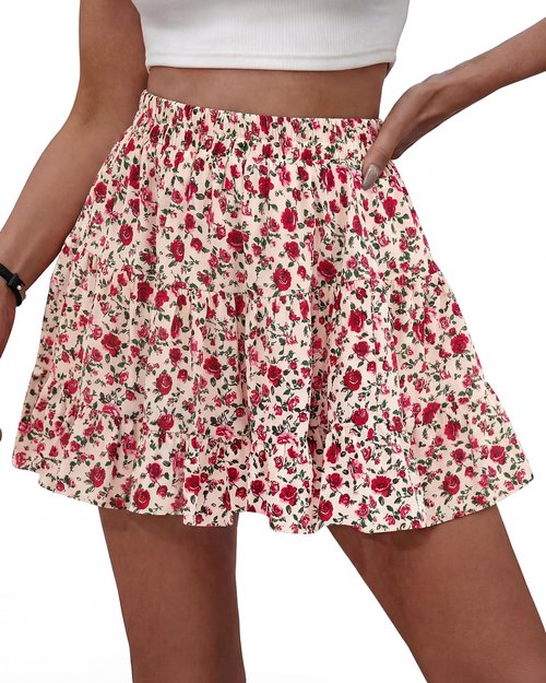 BTFBM Summer Skirts for Women 2026 Floral High Waist Shorts Underneath Boho Tiered Flowy Tennis Skorts Casual Mini Skirt(Floral Apricot Red, Large)